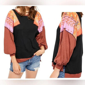 Free People Feelin In’ Balloon Sleeve Patch Shirt - Boho Patchwork Long-Sleeve